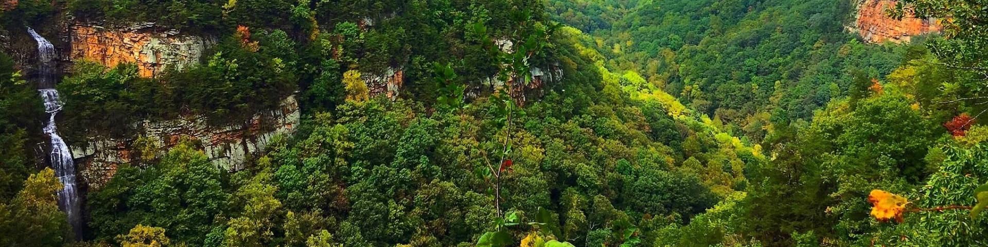 A lush valley with a waterfall and steep cliffs.