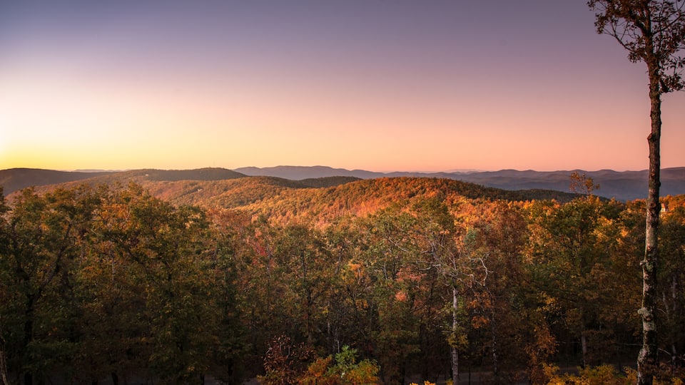 A forested mountain range at sunset with autumn foliage.
