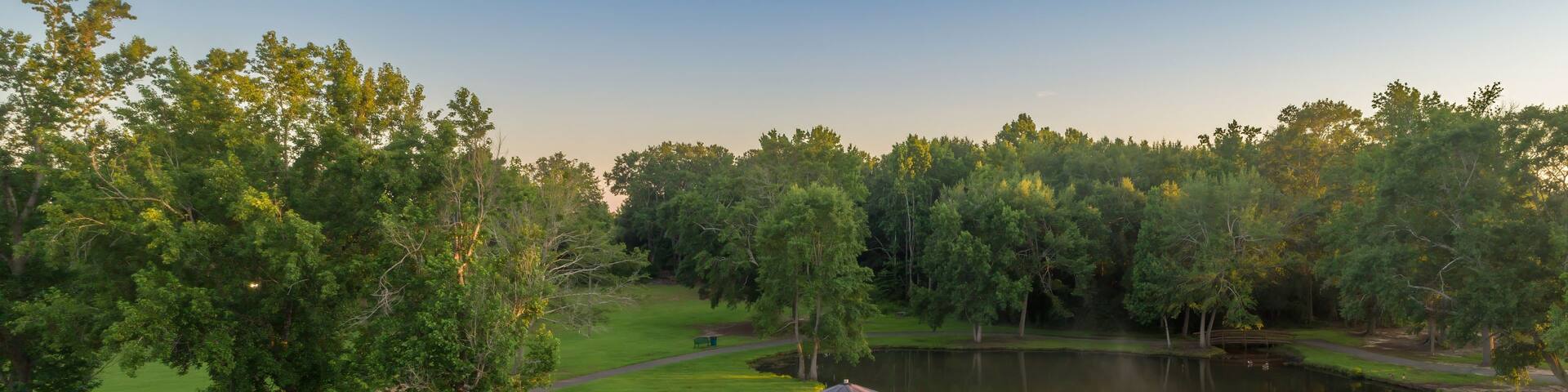 Aerial view of Fairview Park, Dublin, Georgia, USA, featuring a gazebo on a peninsula, a fountain in the lake, and lush green trees. The scene captures the tranquility of nature.