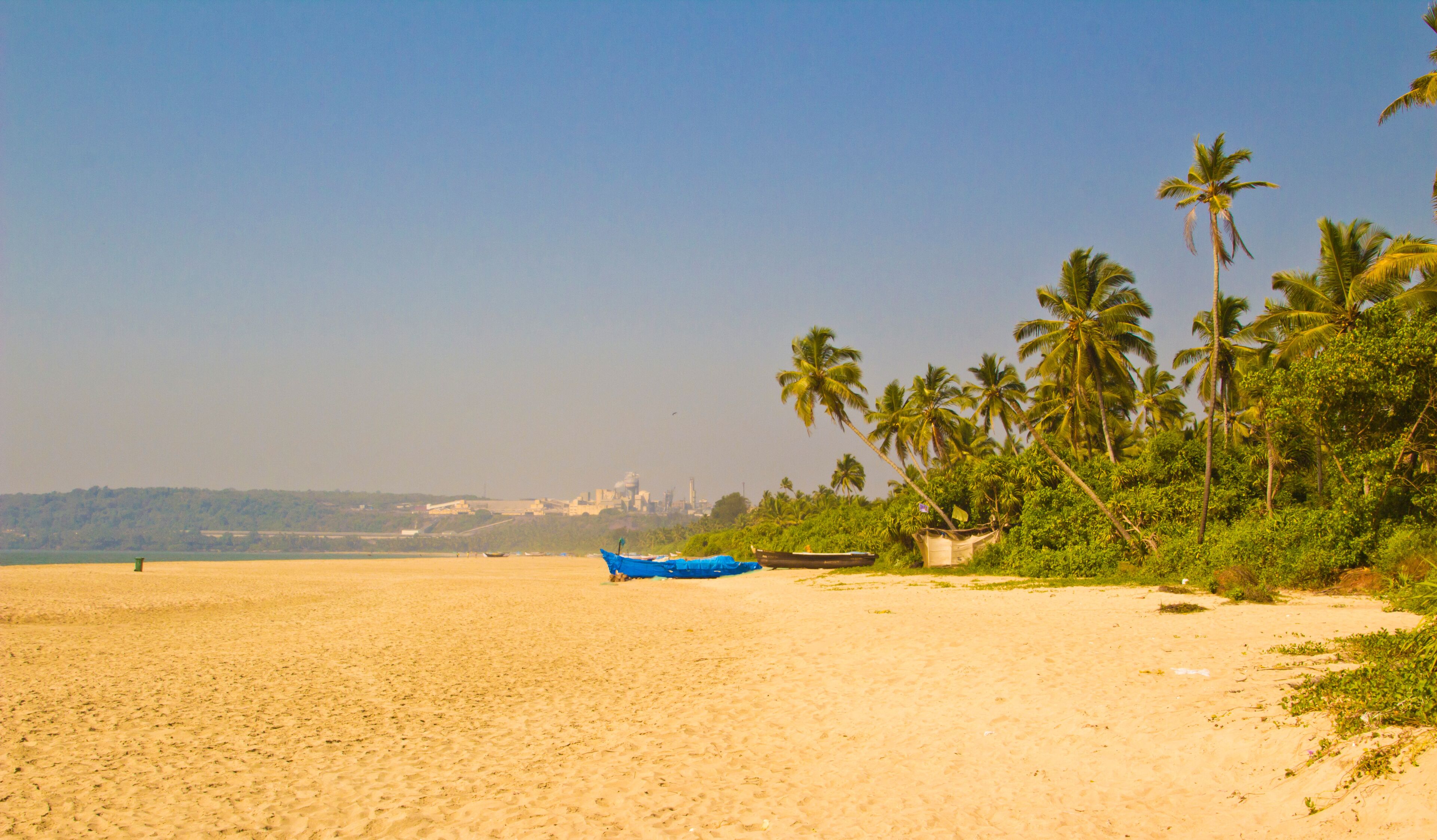 A sandy beach with a blue boat, palm trees, and a distant city skyline.