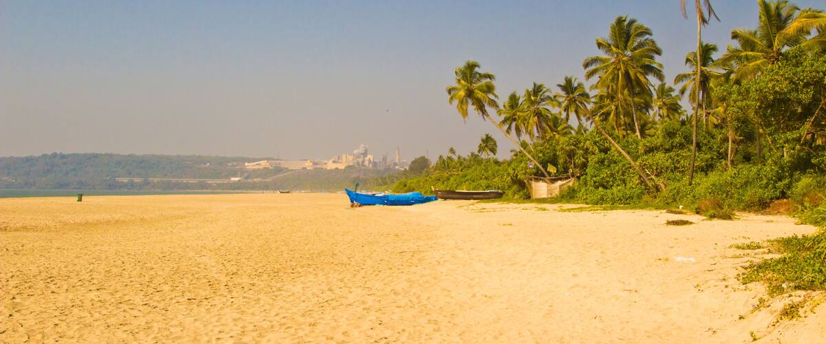 A sandy beach with a blue boat, palm trees, and a distant city skyline.
