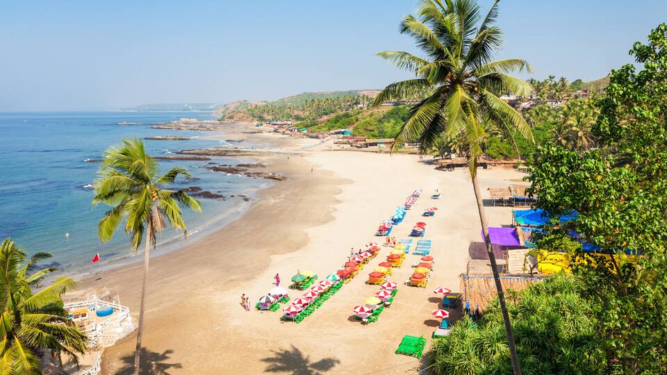 A beach with palm trees, colorful umbrellas, and a boat near the shore.