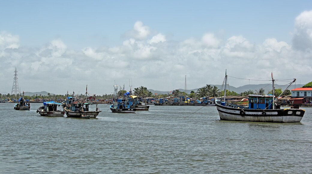 Anchored fishing boats at Cutbon Fishing Jetty, at the mouth of Sal River, adjacent to Cutbona Jetty in Goa, viewed from Betul.