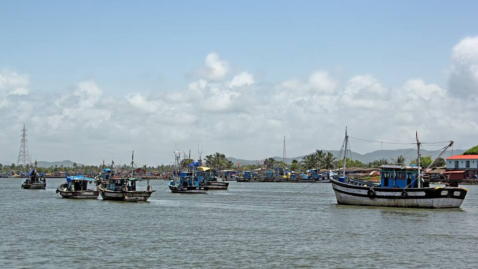 A harbor with several fishing boats, a power line tower, and a red-roofed building in the background.