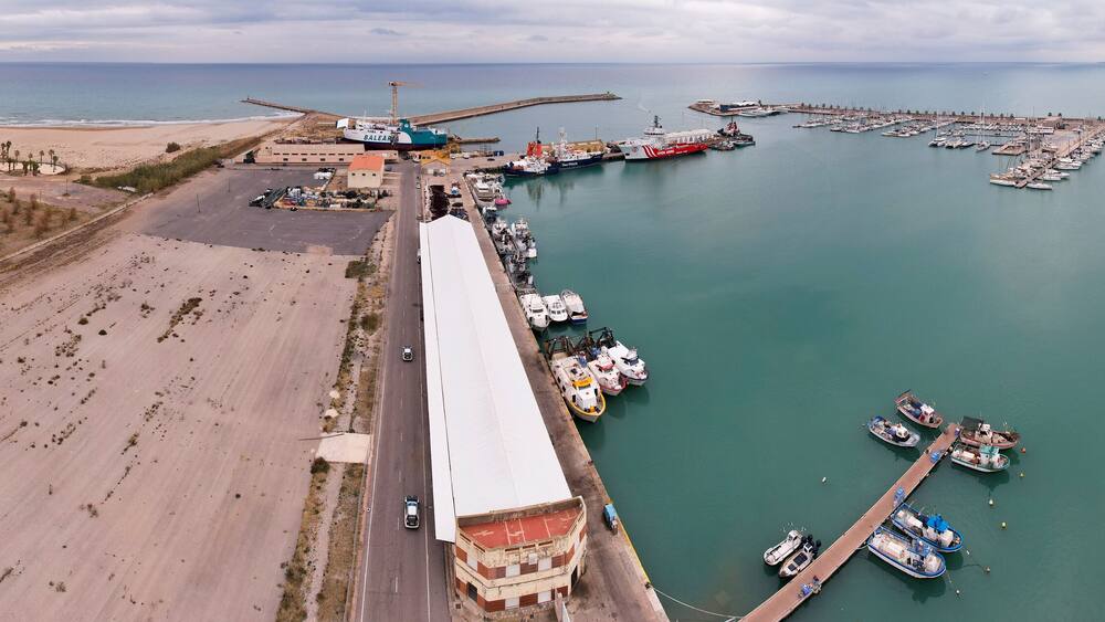 Panoramic view of Burriana s main port in Spain on a cloudy cold winter afternoon and moody colors