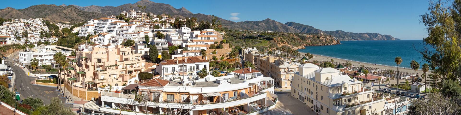 Panoramic view on the Burriana beach of Nerja in winter, Costa del Sol, Spain
