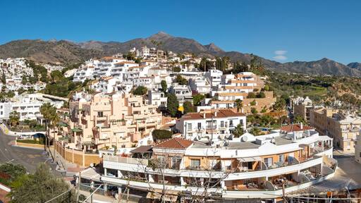 Panoramic view on the Burriana beach of Nerja in winter, Costa del Sol, Spain
