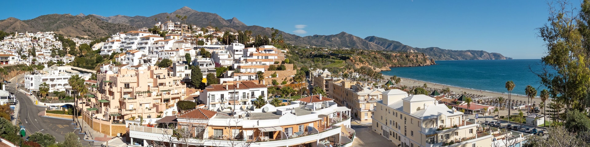 Panoramic view on the Burriana beach of Nerja in winter, Costa del Sol, Spain