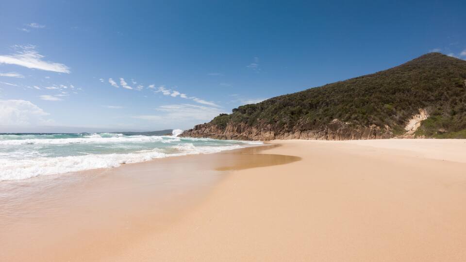 A beach with a sandy shore, ocean waves, and a forested hill in the background.