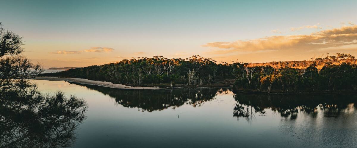 A calm river reflecting trees and a clear sky.