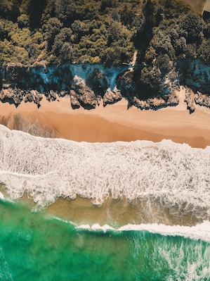 Drone shot of Middle Rock Beach at Lake Cathie, near Port Macquarie on the Mid North Coast, New South Wales, Australia