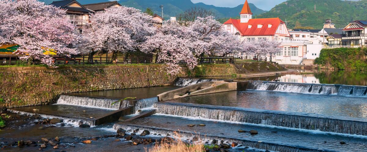 A river with a waterfall, cherry blossoms, and traditional buildings.
