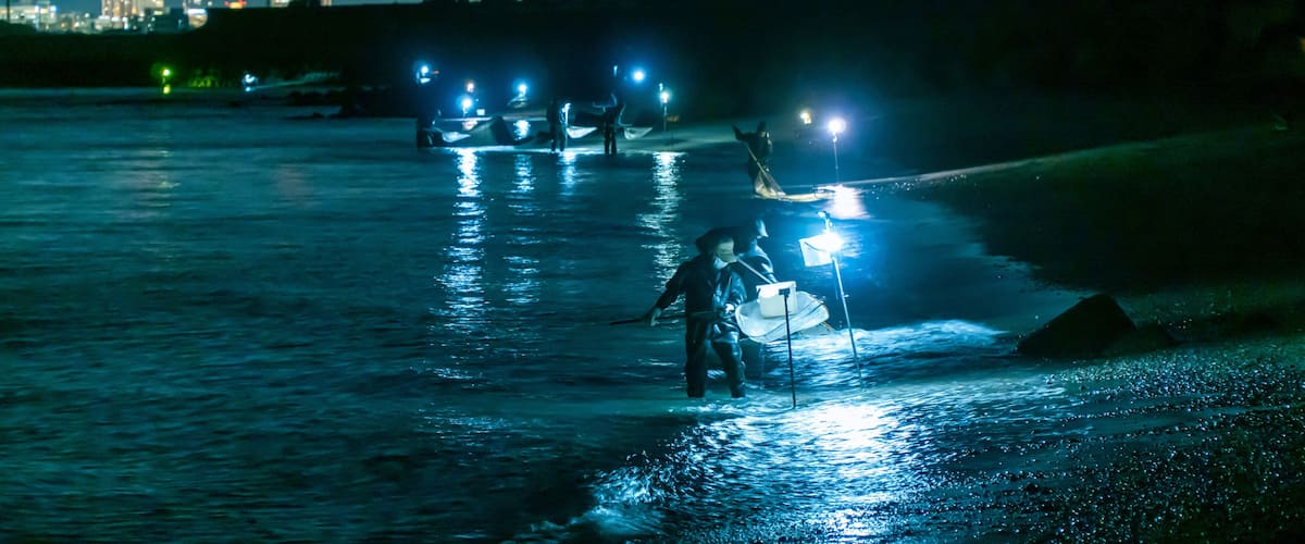 A nighttime scene with a river reflecting city lights, a person wading in the water, and a distant city skyline.