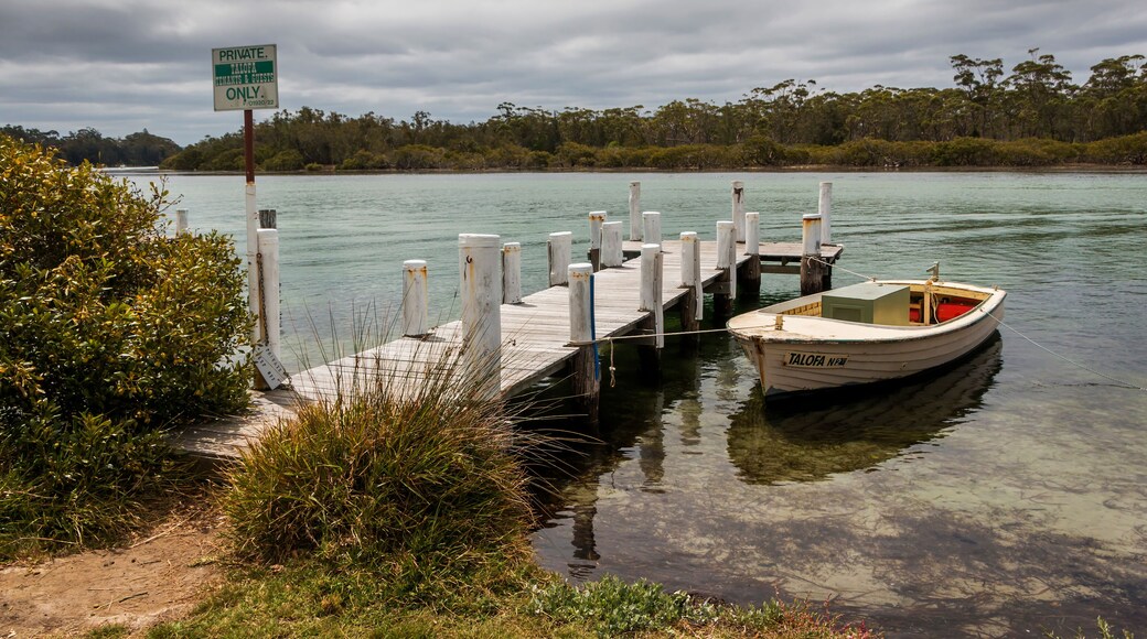 a small boat and wharf in a body of water