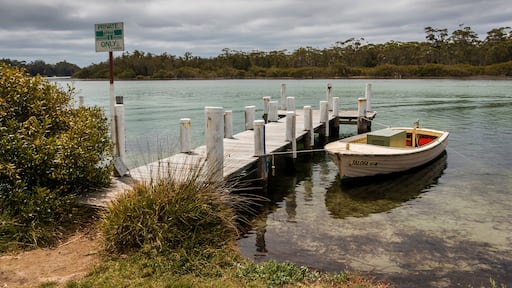 a small boat and wharf in a body of water