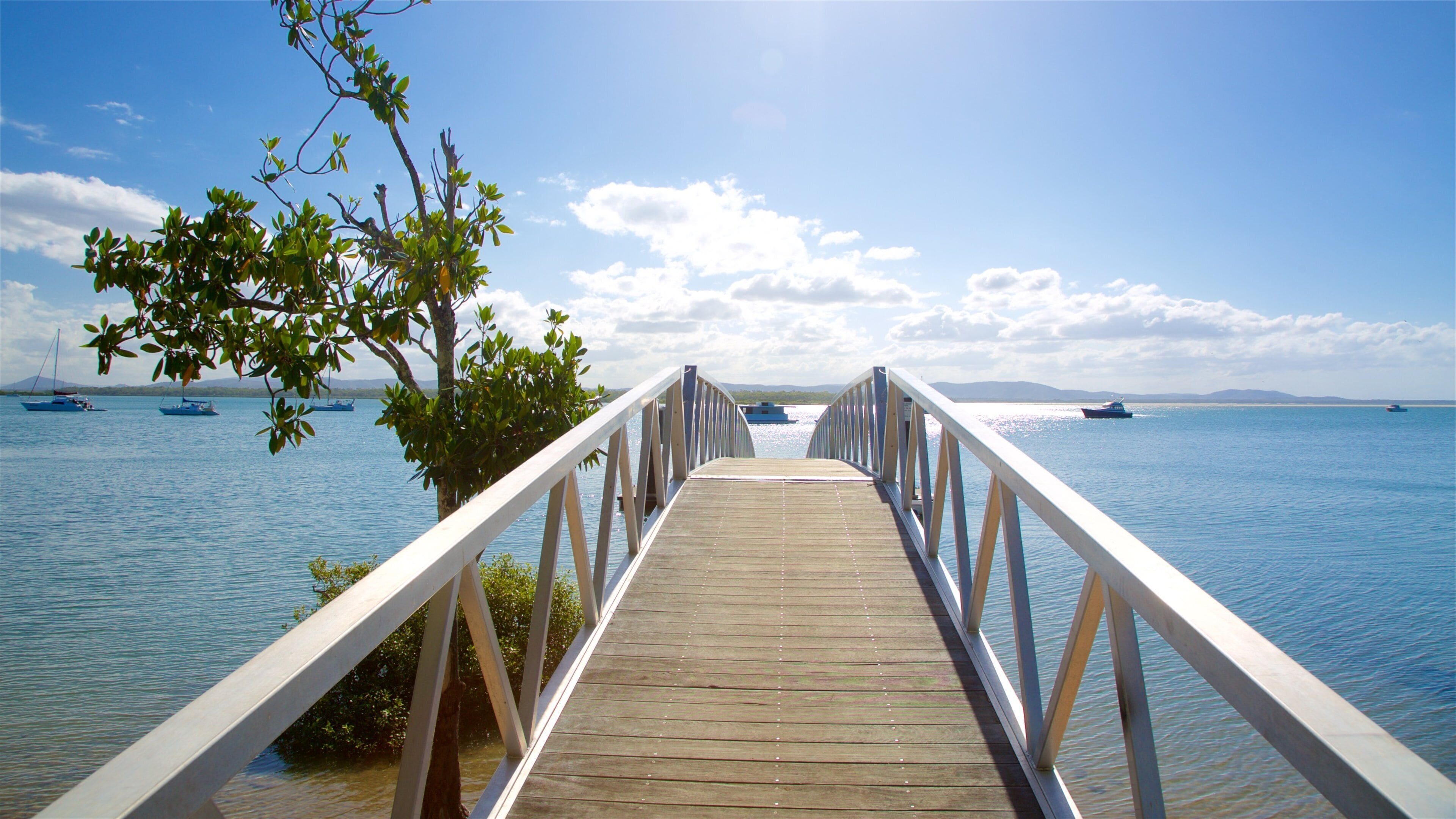 A wooden pier leading to calm waters with boats and a clear sky.