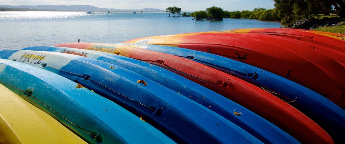 Una hilera de kayaks coloridos alineados junto a un lago tranquilo con cielo despejado.