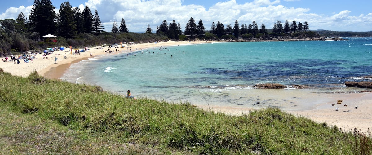 Beach at the Bermagui. Bermagui is a town on the south coast of NSW, Australia in the Bega Valley Shire. The name is derived from the Dyirringanj word, permageua, meaning canoe with paddles.