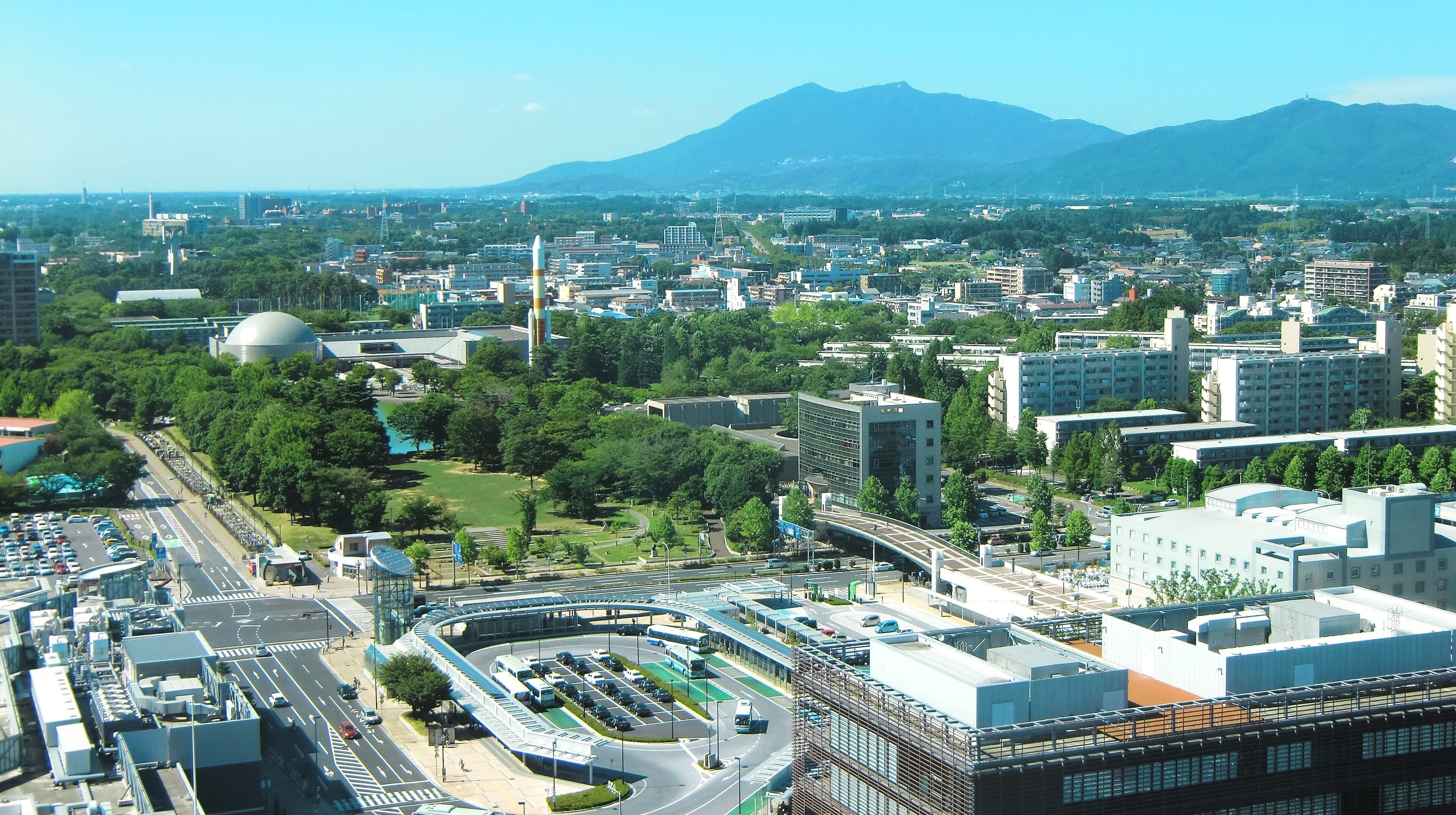 Tsukuba Center and Mount Tsukuba in Tsukuba city, Ibaraki prefecture, Japan. This picture was taken from Tsukuba-Mitsui building 20th floor.