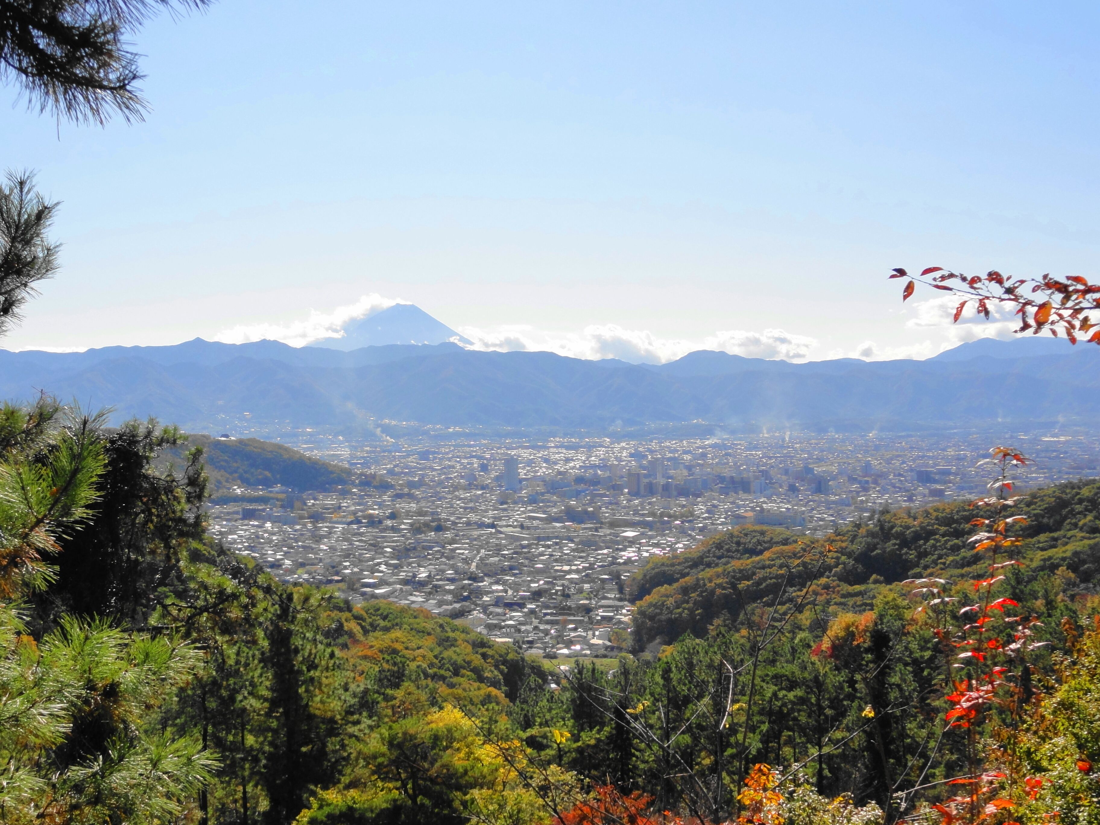 A cityscape with a mountain in the background.