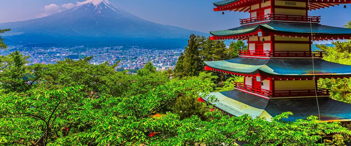 Chureito Pagoda with beautiful mount fuji in the background in clear sky day in Arakurayama-Sengen Park, Japan, Shutterstock ID 1059137567, Purchase Order: SP-1837, Order Number: SP-1837 Japan 5-Day S