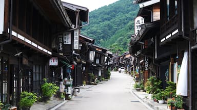A narrow street lined with traditional wooden buildings, potted plants, and signs in a foreign language.