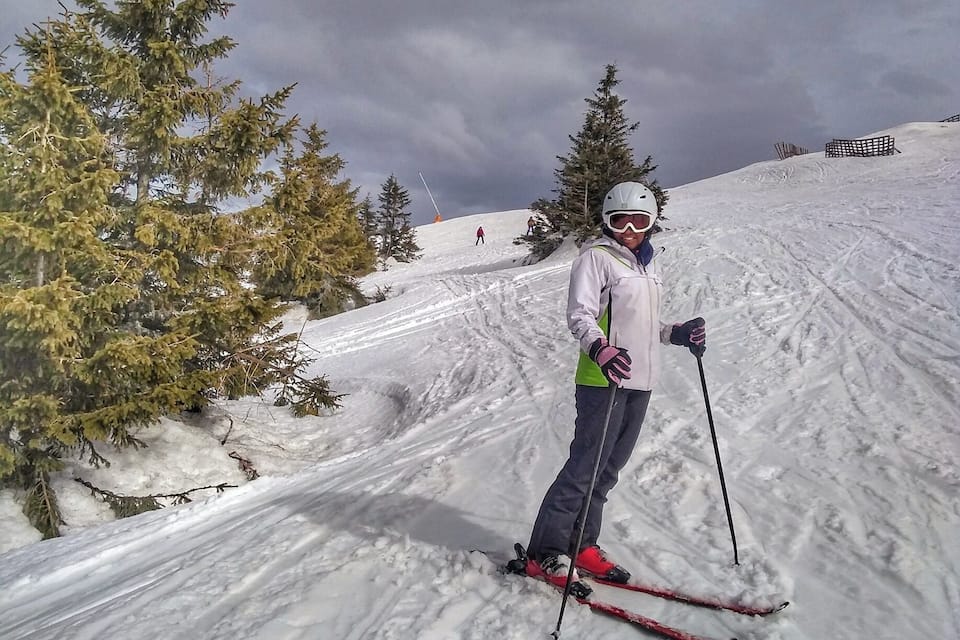 A skier on a snowy slope with trees and a cloudy sky.