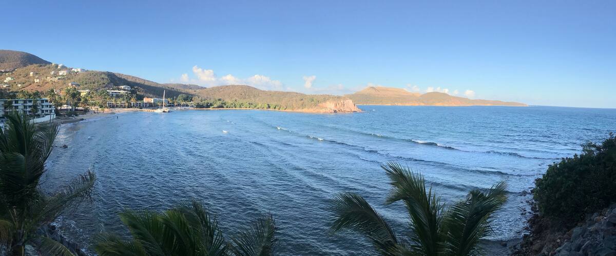 A coastal landscape with a beach, ocean waves, palm trees, and distant hills.