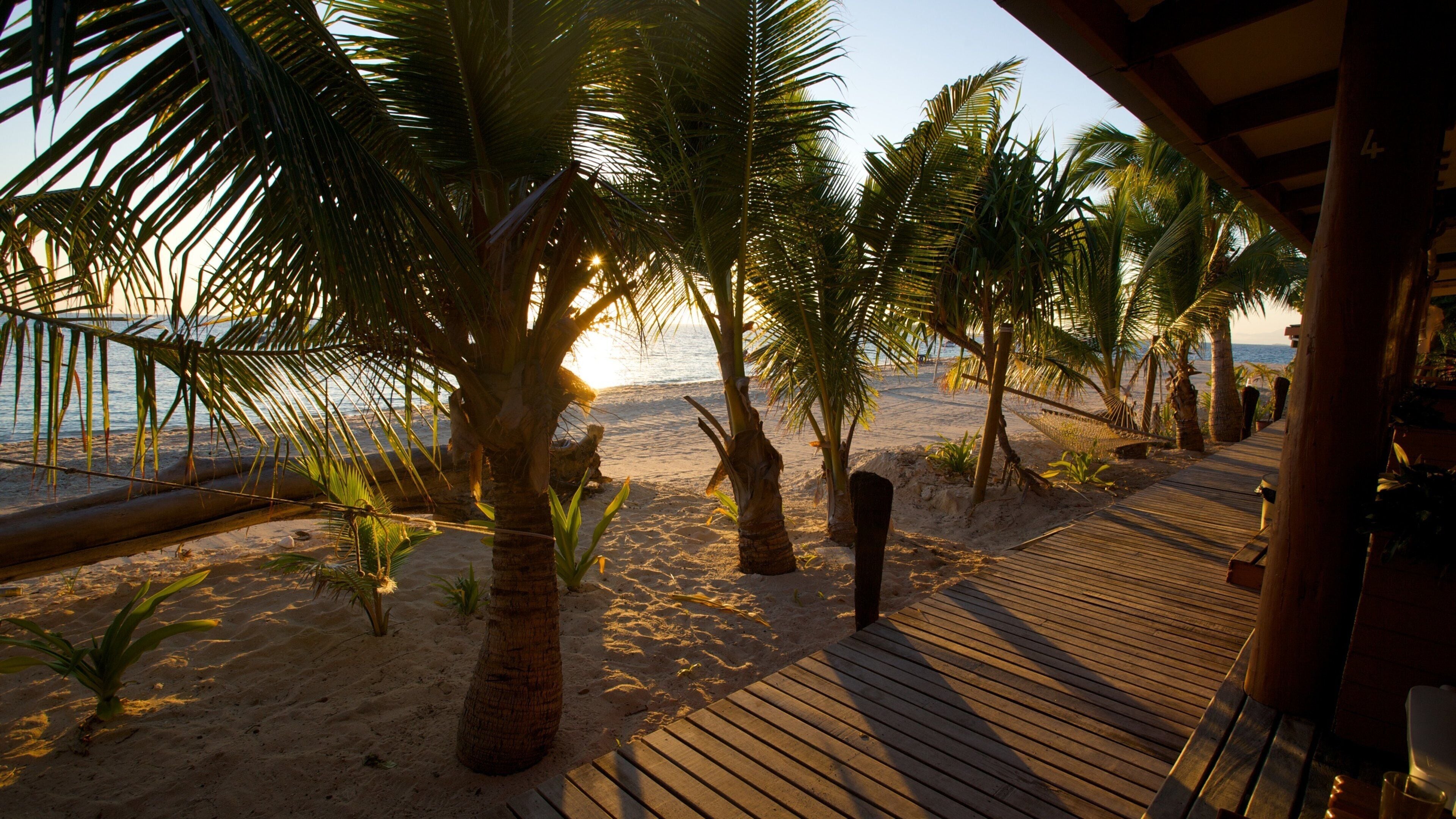 Fiji som inkluderer landskap, sandstrand og solnedgang