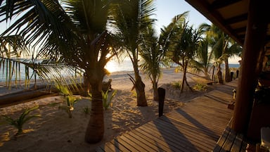 Fiji featuring landscape views, a sandy beach and a sunset