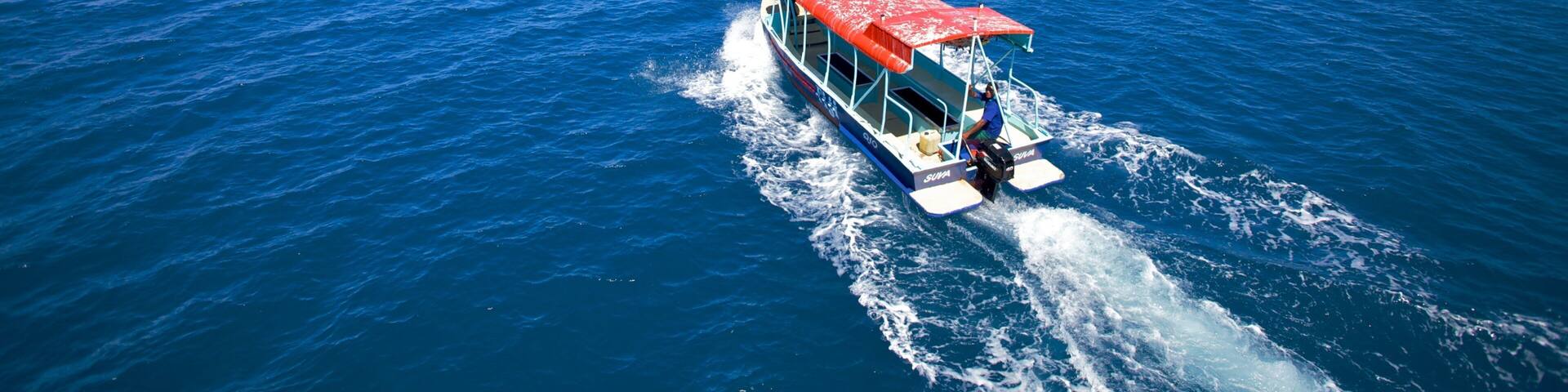A boat with a red canopy moving through the ocean, a small island with palm trees in the background, and another boat in the distance.