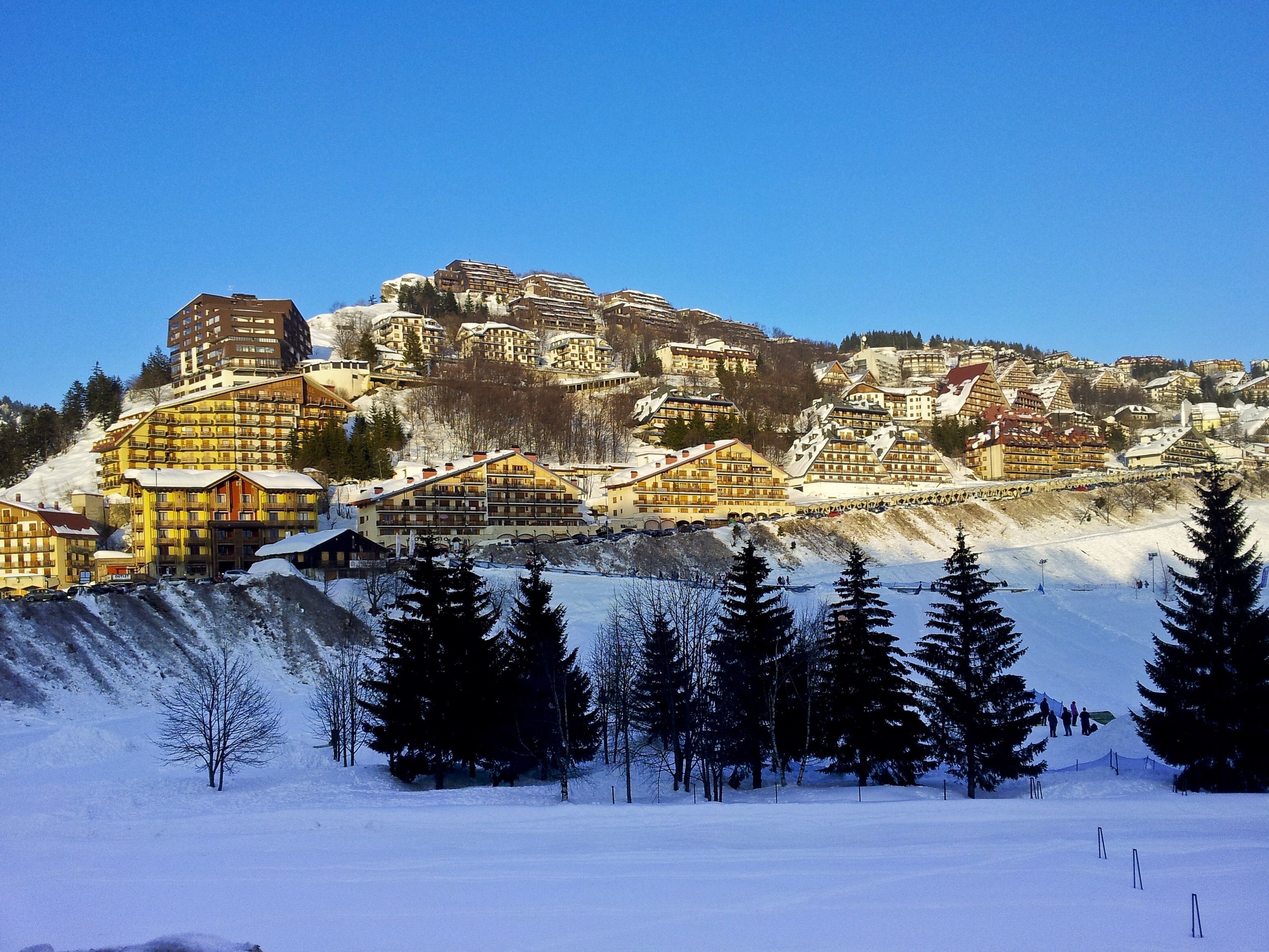 A snow-covered mountain town with buildings and trees.