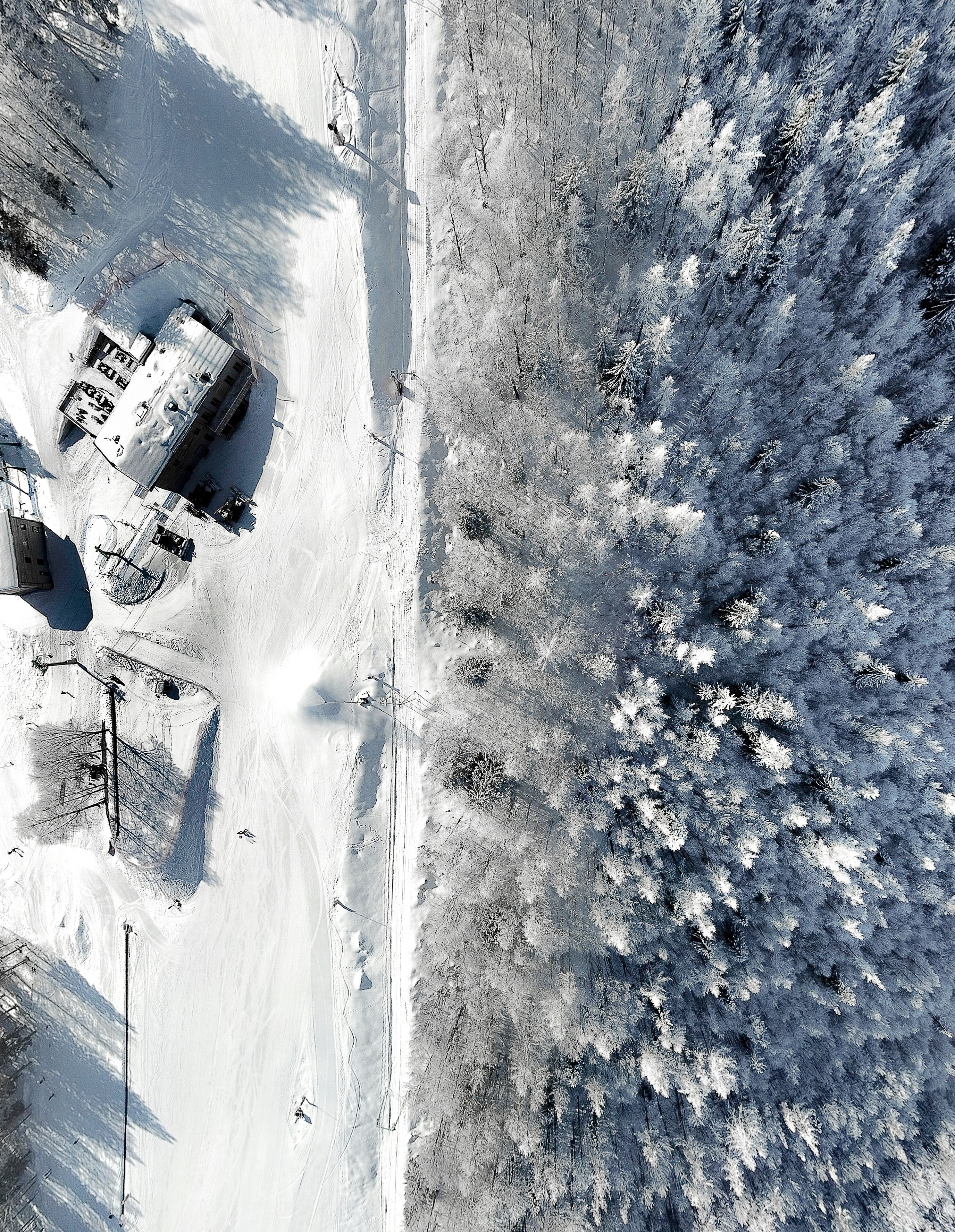 Aerial view of a ski resort Domobianca on top of Lusentino mountain, Alps, Piemonte, Italy.