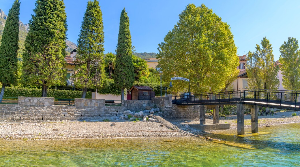 A stone bridge over a river, surrounded by trees and buildings.