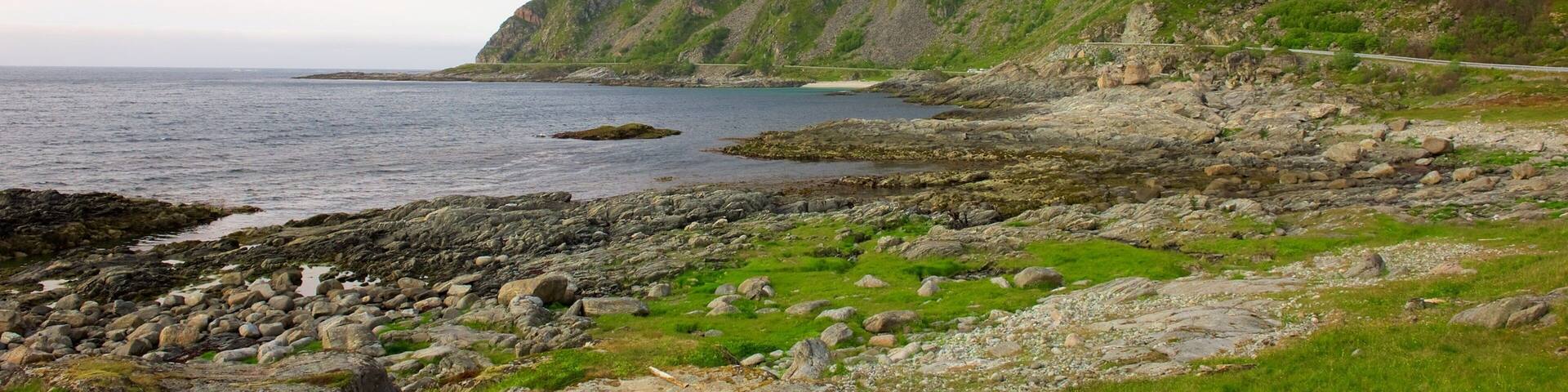 Andoy showing mountains, mist or fog and general coastal views