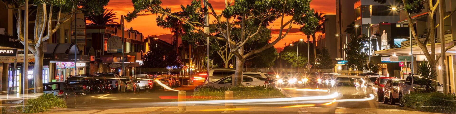 Port Macquarie which includes night scenes, a small town or village and a sunset