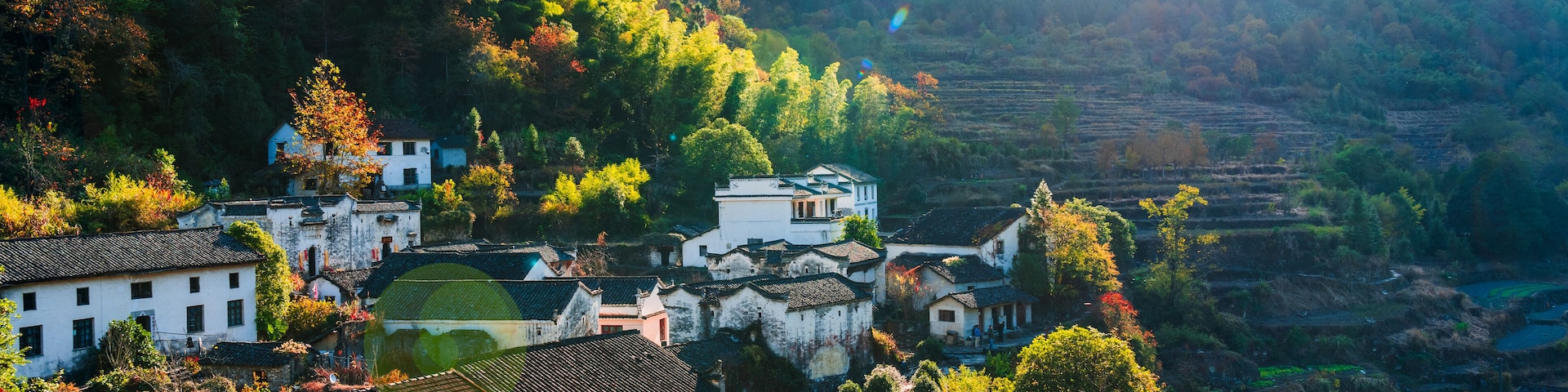 Ancient buildings in the mountains, reflecting the red leaves in autumn, Chizhou City, Anhui Province, China.; Shutterstock ID 1568390272; Purchase Order: SP-2617; Order Number: CSC Image Research