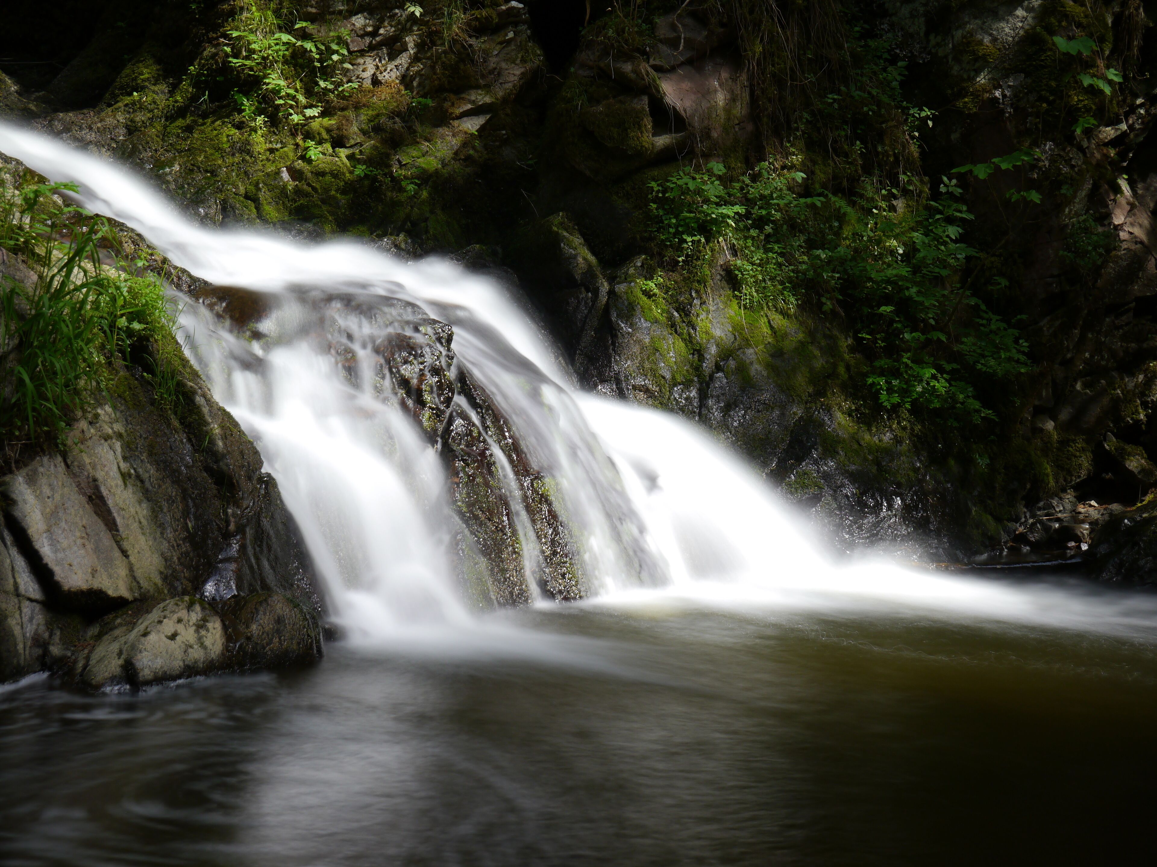 A waterfall cascading over rocks in a lush, green forest.