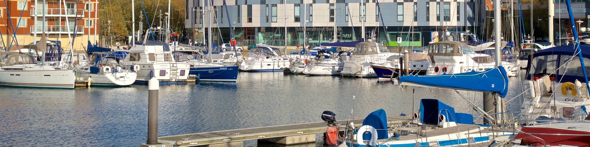 University Campus Suffolk which includes a bay or harbor