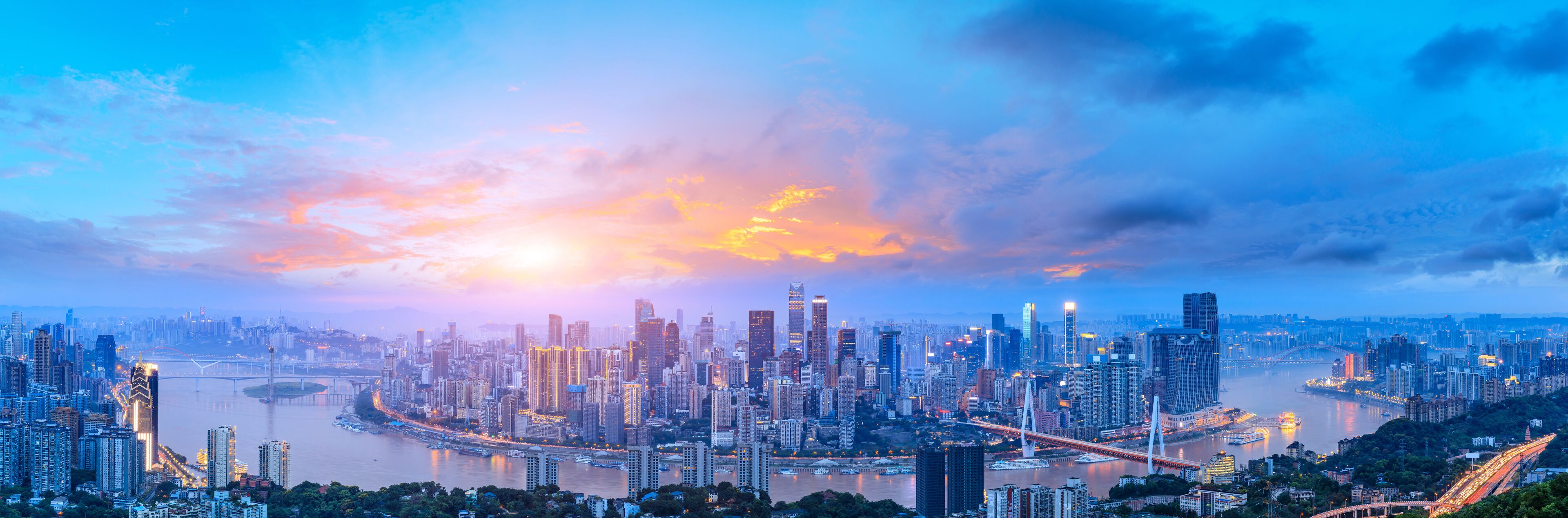 Sunset cityscape skyline panorama in Chongqing