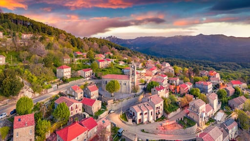Aerial landscape photography. Wonderful morning view from flying drone of Zonza town, commune in the Corse-du-Sud department of France. Stunning sunrise on Corsica island, France, Europe.
