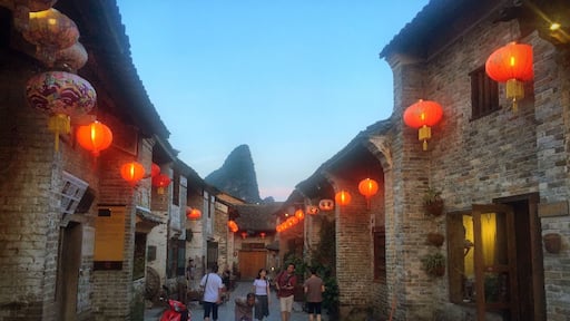 After sunset, red lanterns illuminate this little Chinese village. Huangyao 黄姚 in Guangxi, China.