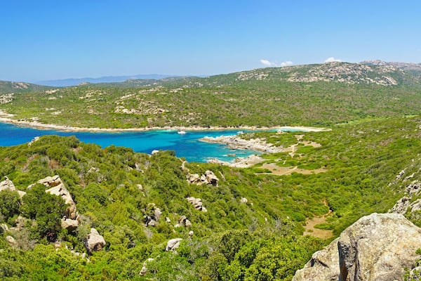 Eine Küstenlandschaft mit felsigem Gelände, üppiger Vegetation und blauem, klarem Meer.