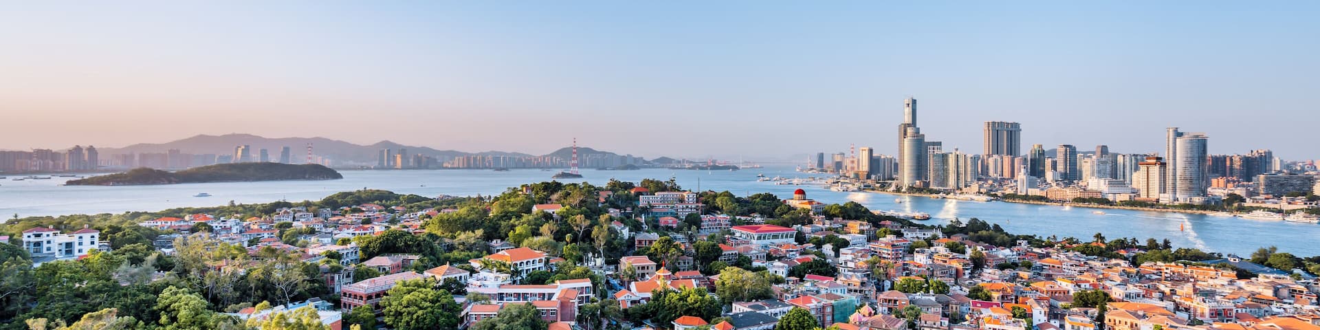 Panoramic Scenery of Gulangyu Island and Urban Coastline in Xiamen, Fujian, China