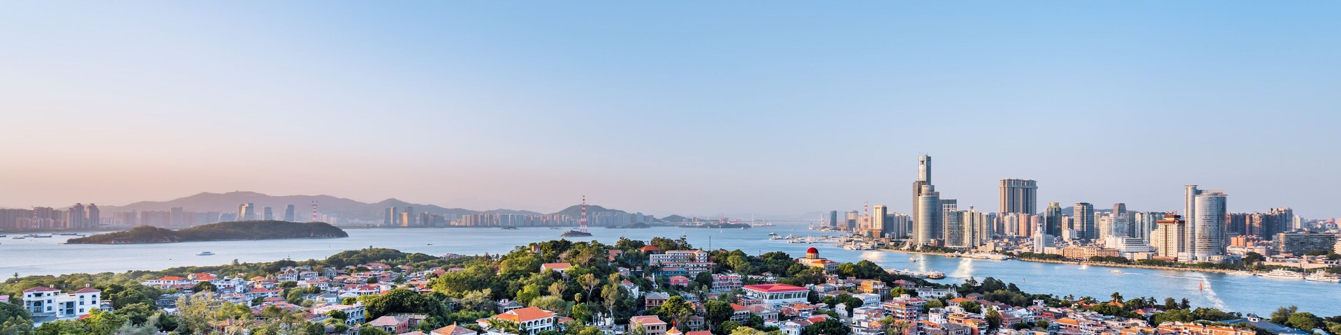 Panoramic Scenery of Gulangyu Island and Urban Coastline in Xiamen, Fujian, China