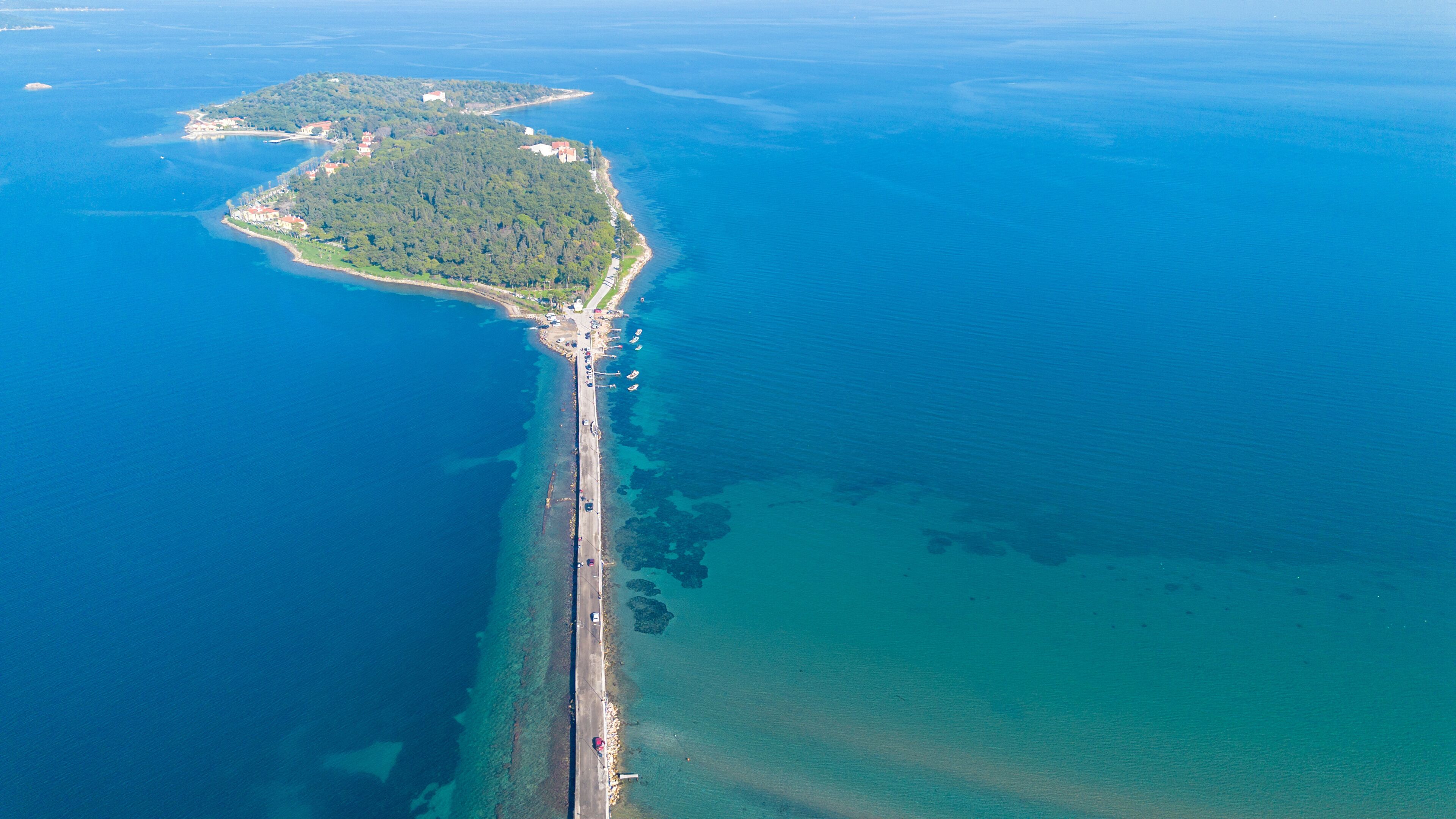 Aerial drone view of Urla district of Izmir, Turkey's third largest city. Iskele - Karantina island - Turkey