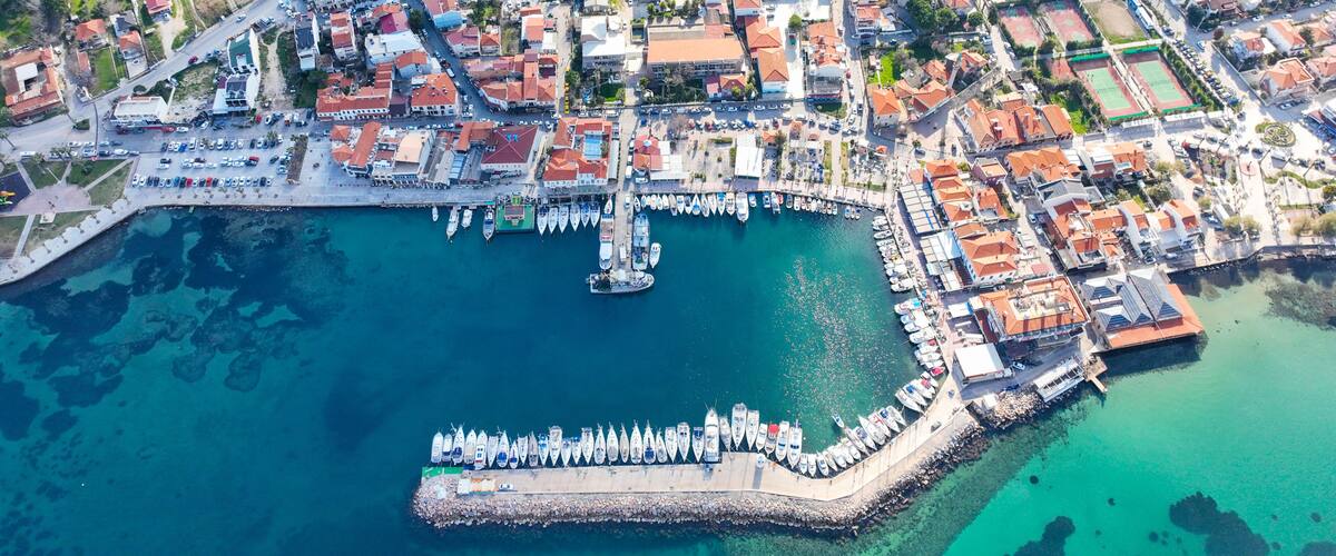 Aerial drone view of Urla district of Izmir, Turkey's third largest city. Iskele - Urla - Turkey