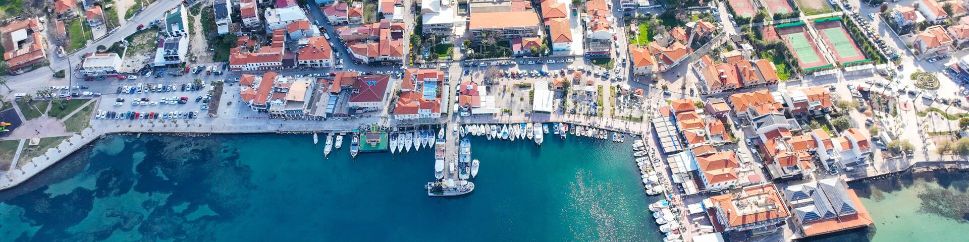 Aerial drone view of Urla district of Izmir, Turkey's third largest city. Iskele - Urla - Turkey
