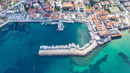 Aerial drone view of Urla district of Izmir, Turkey's third largest city. Iskele - Urla - Turkey