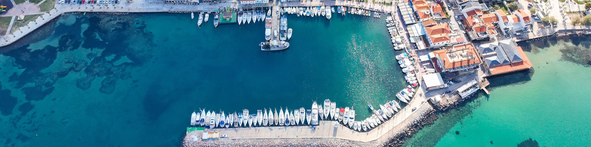 Aerial drone view of Urla district of Izmir, Turkey's third largest city. Iskele - Urla - Turkey